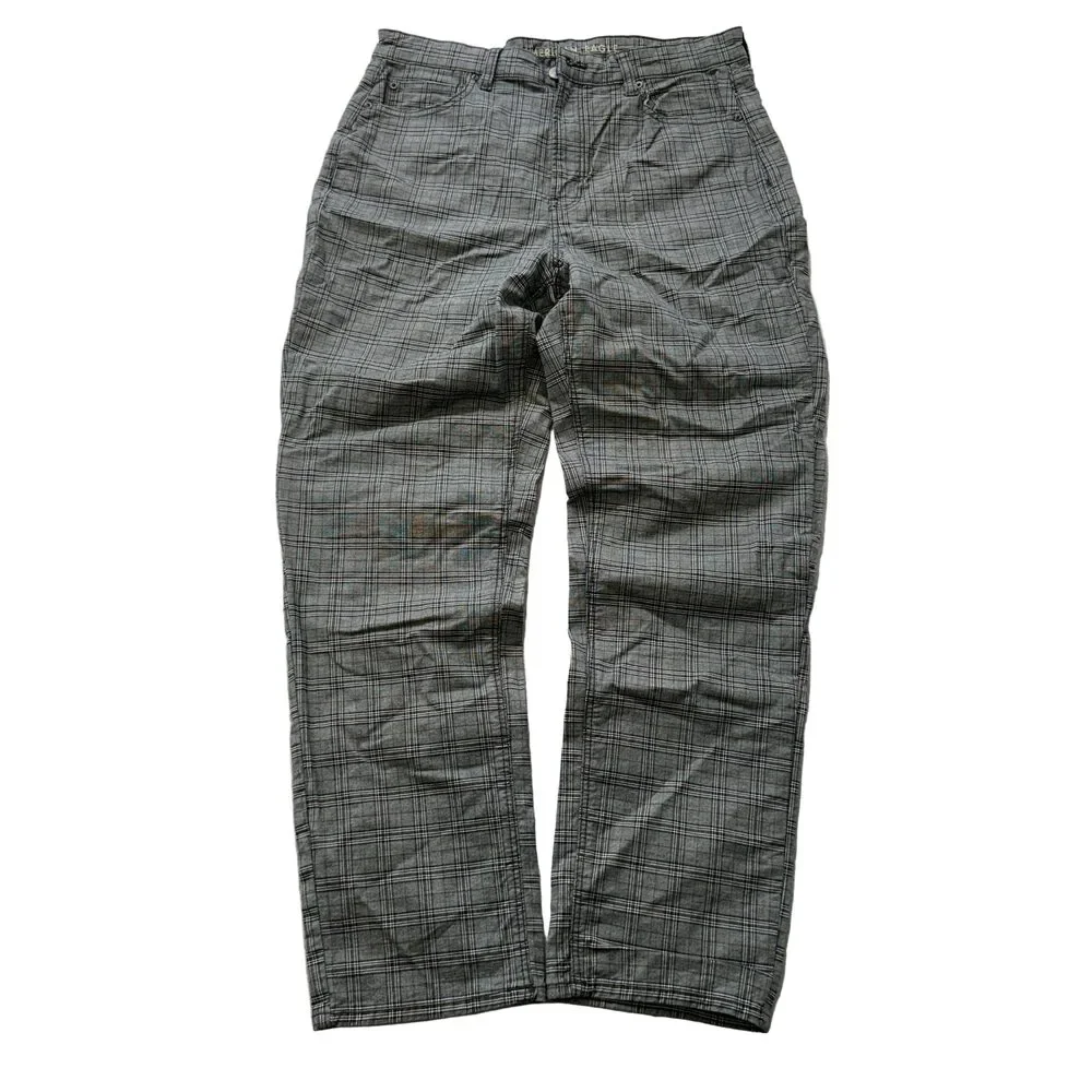 American Eagle Men's Grey Plaid Straight Leg Pants Pockets Classic Y2K Size W32